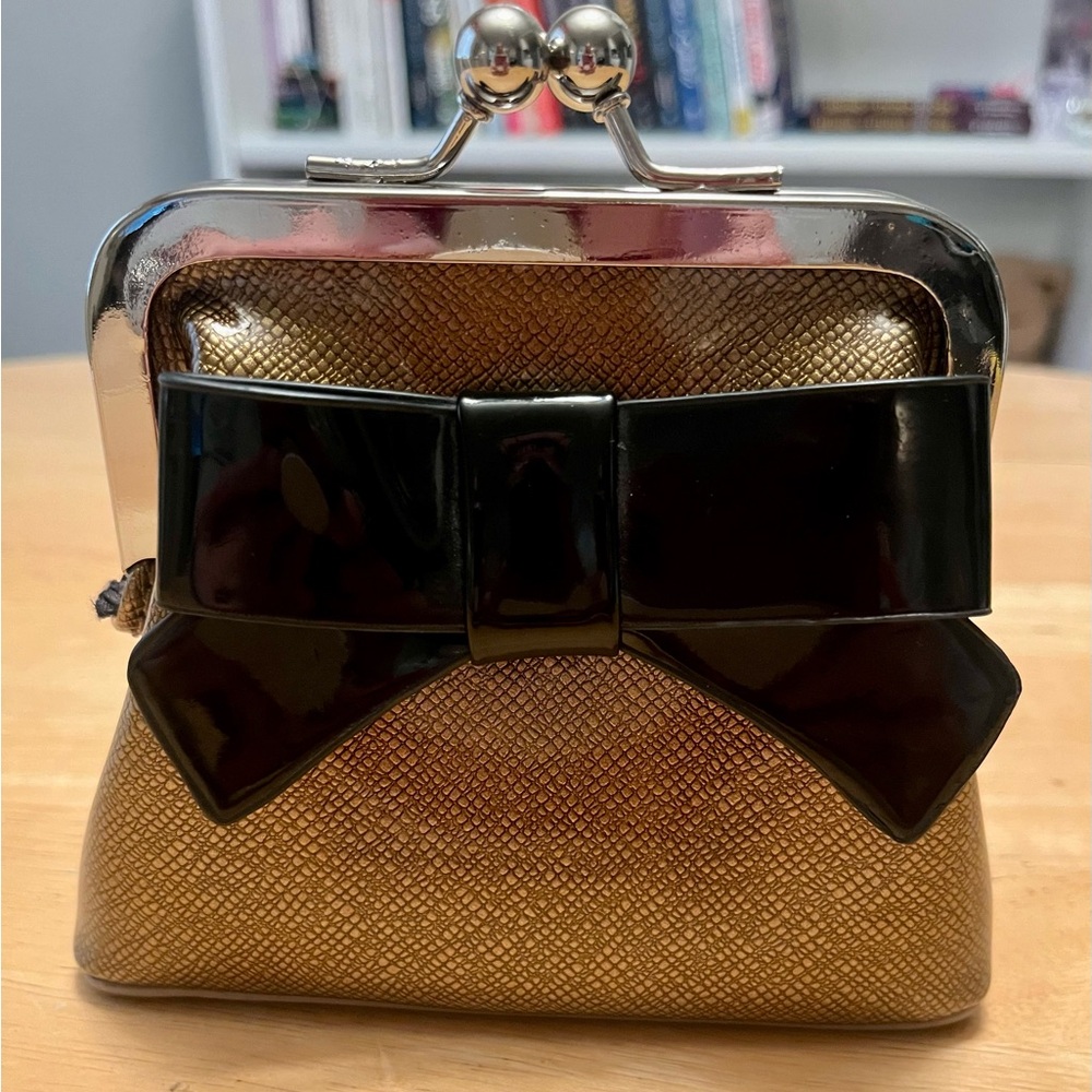 Sourpuss NWOT Gold and Black Clutch with Bow Accent